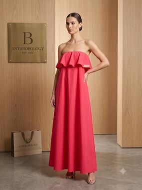 Anthropologie Strapless Ruffle Maxi Dress in Coral Pink